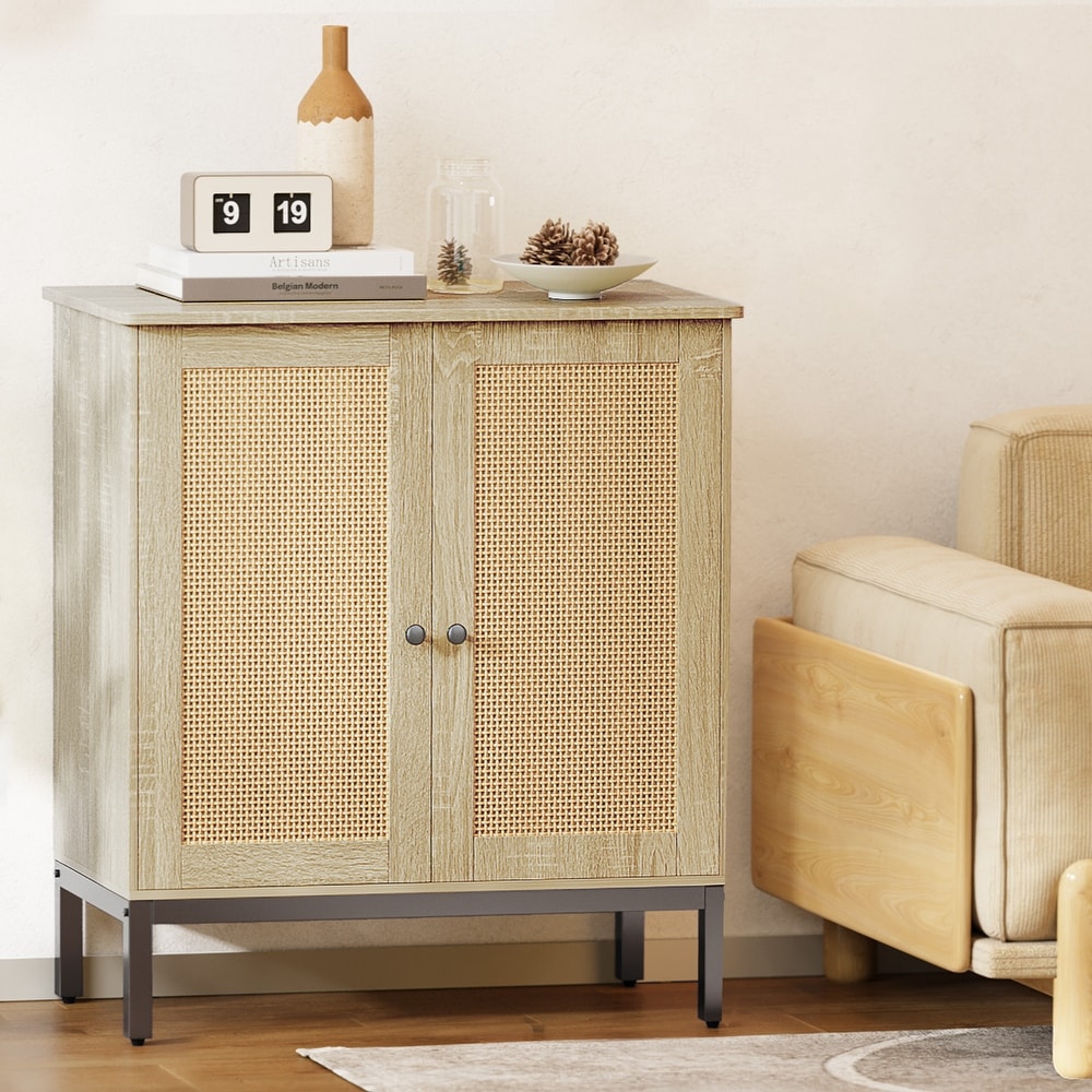 Rattan Accent Buffet Sideboard Storage Cabinet with 2 Doors   N/A