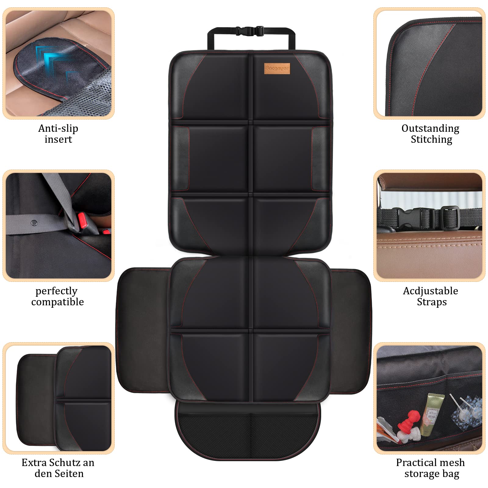 Car Seat Protector for Child Car Seat， Water and Stain Protection Car Seat Cover with Thick Padded + Storage Bag， 1-Park Leather Seat Prevents Seat Marks/Pet Anti-Slip， Sedan SUV Truck（Black