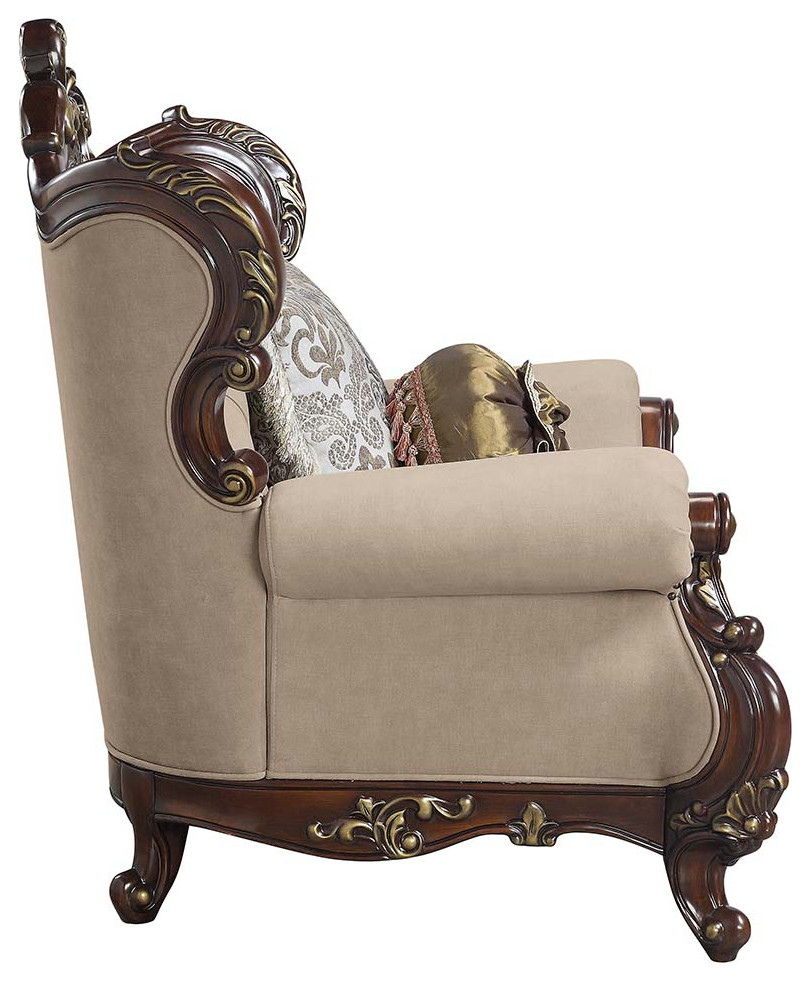 Acme Ragnar Loveseat With 5 Pillows Light Brown Linen and Cherry Finish   Victorian   Loveseats   by AMOC  Houzz