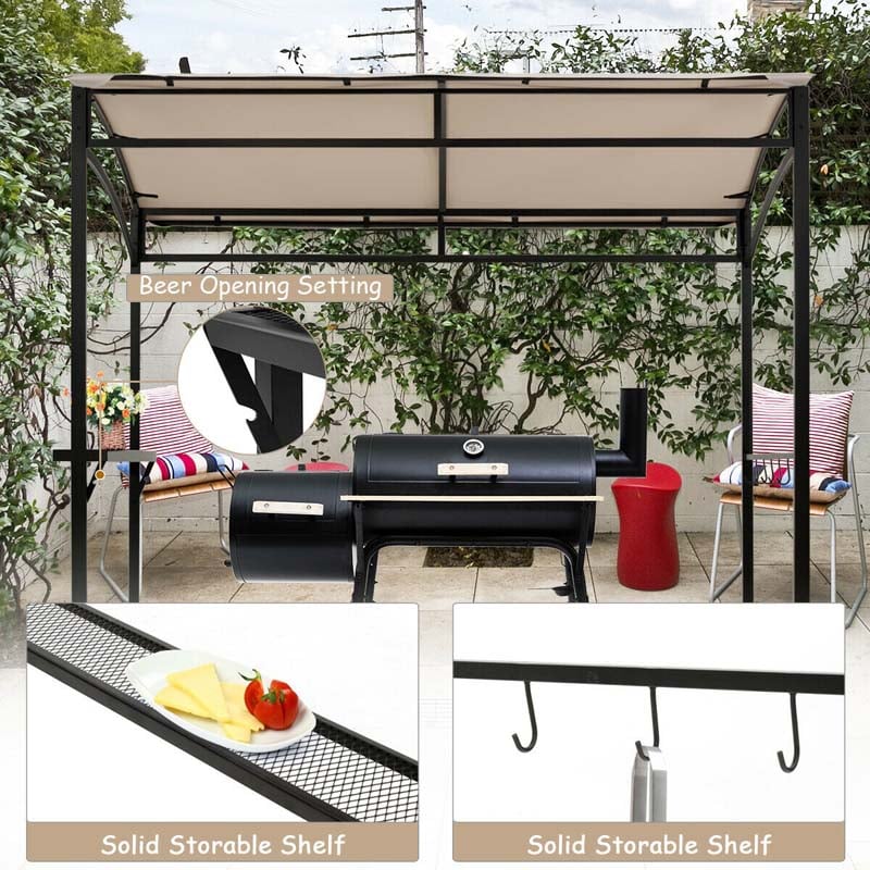 7 x 4.5 FT Outdoor Patio Grill Gazebo, Curved Grill Shelter BBQ Canopy with Serving Shelf & Storage Hooks