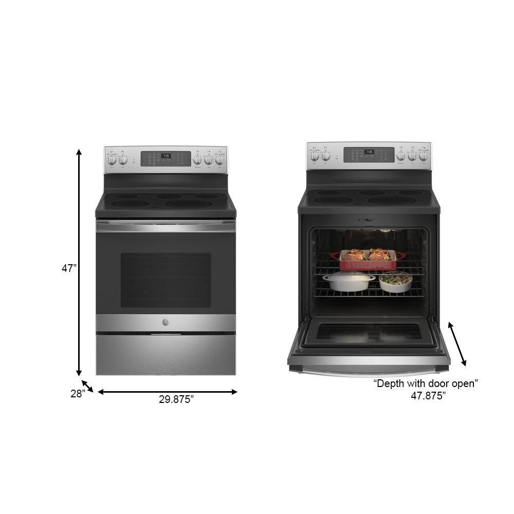 GE 30 in. 5.3 cu. ft. Freestanding Electric Range in Stainless Steel with Convection Air Fry Cooking JB735SPSS