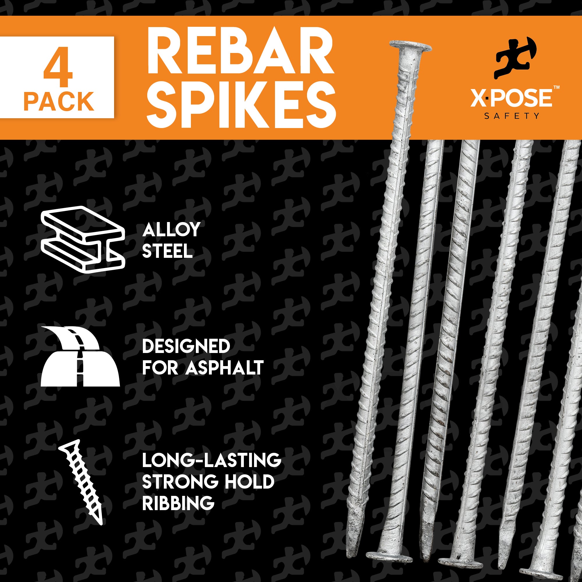 Rebar Stakes - 14 Inch Metal Spikes for Asphalt 1/2 Inch Diameter - 4 Pack Ground Stakes Heavy Duty for Speed Bump, Wheel Stop - Threaded Galvanized Steel Stakes - Rebar Support Estacas de Metal