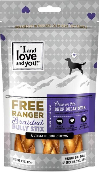 I and Love and You Free Range Braided 6-in Bully Stix Dog Treats， 3 count