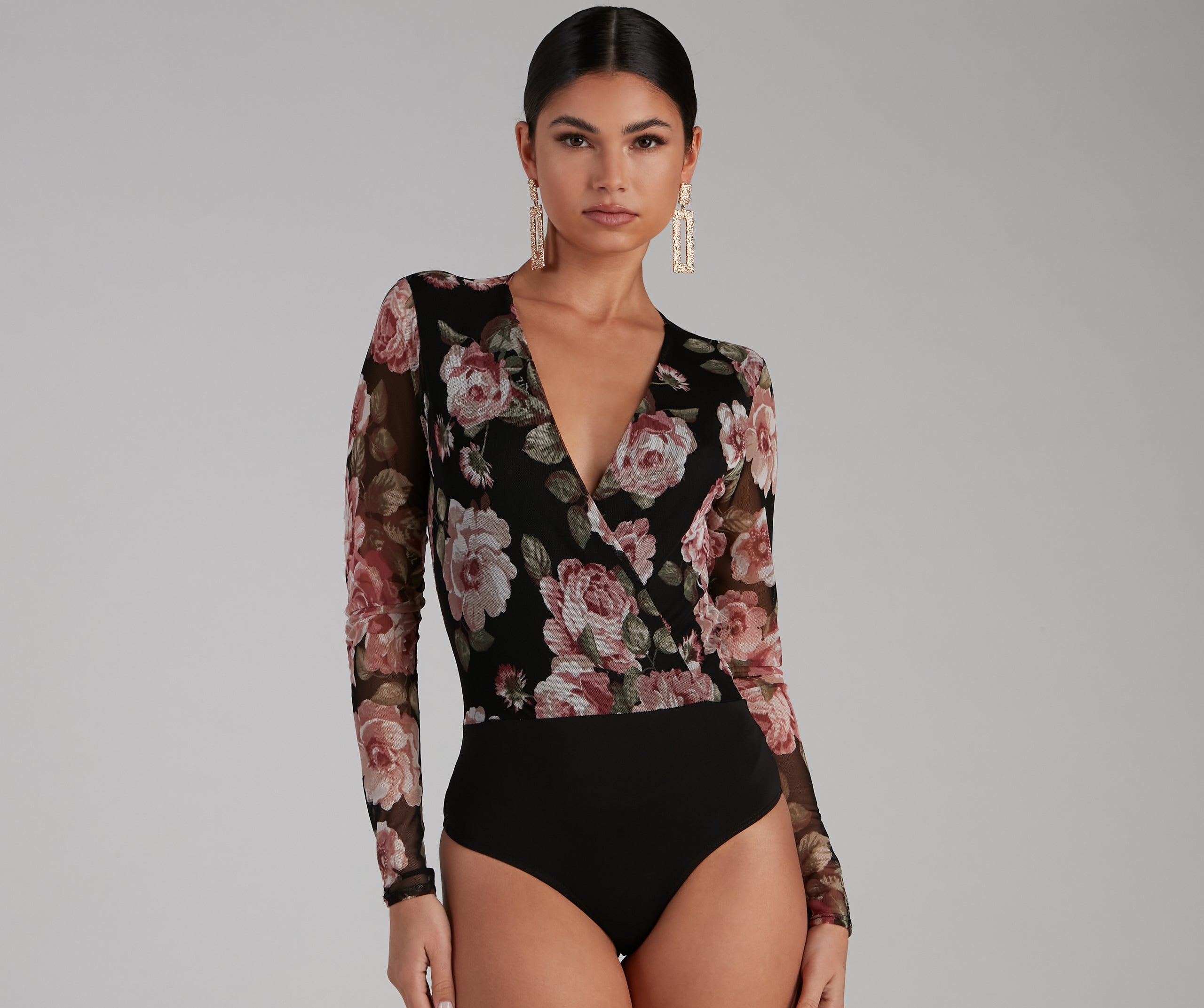 Autumn Roses Plunge Surplice Mesh Bodysuit