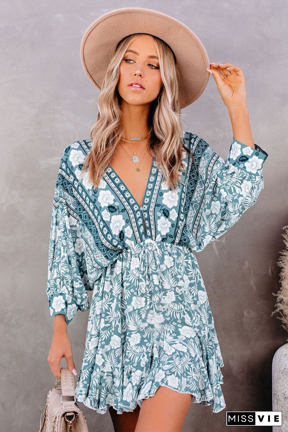 Green V Neck 3/4 Sleeve Bohemian Vintage Print Mini Dress