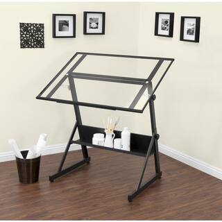 Studio Designs Solano 42 in. W DrawingWriting Desk in Charcoal Black  Clear Glass with Adjustable Top and Storage Shelf 13346