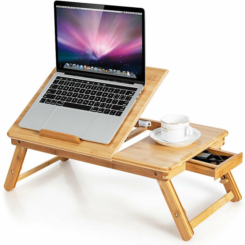 Wicker Laptop Lap Tray with Adjustable Legs and Tilting Heat-dissipation Top-Natural