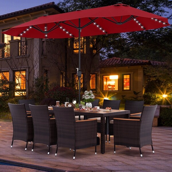 11 PCS Patio Dining Set Outdoor Rattan Furniture Set w/ 15ft Umbrella