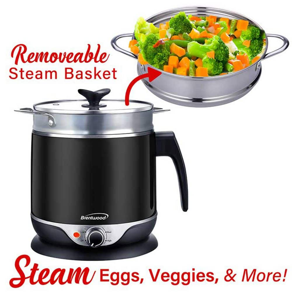 Brentwood Stainless Steel 1.9 qt. Cordless Electric Hot Pot Cooker and Food Steamer in Black 985117019M