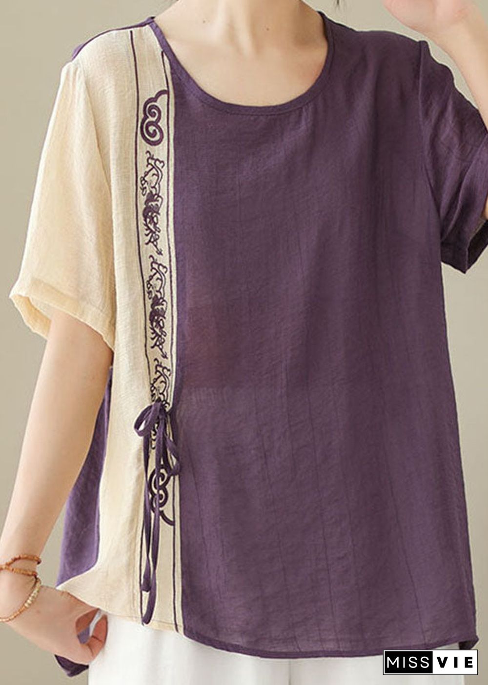 Purple Patchwork Cotton Blouses Embroideried Lace Up Summer