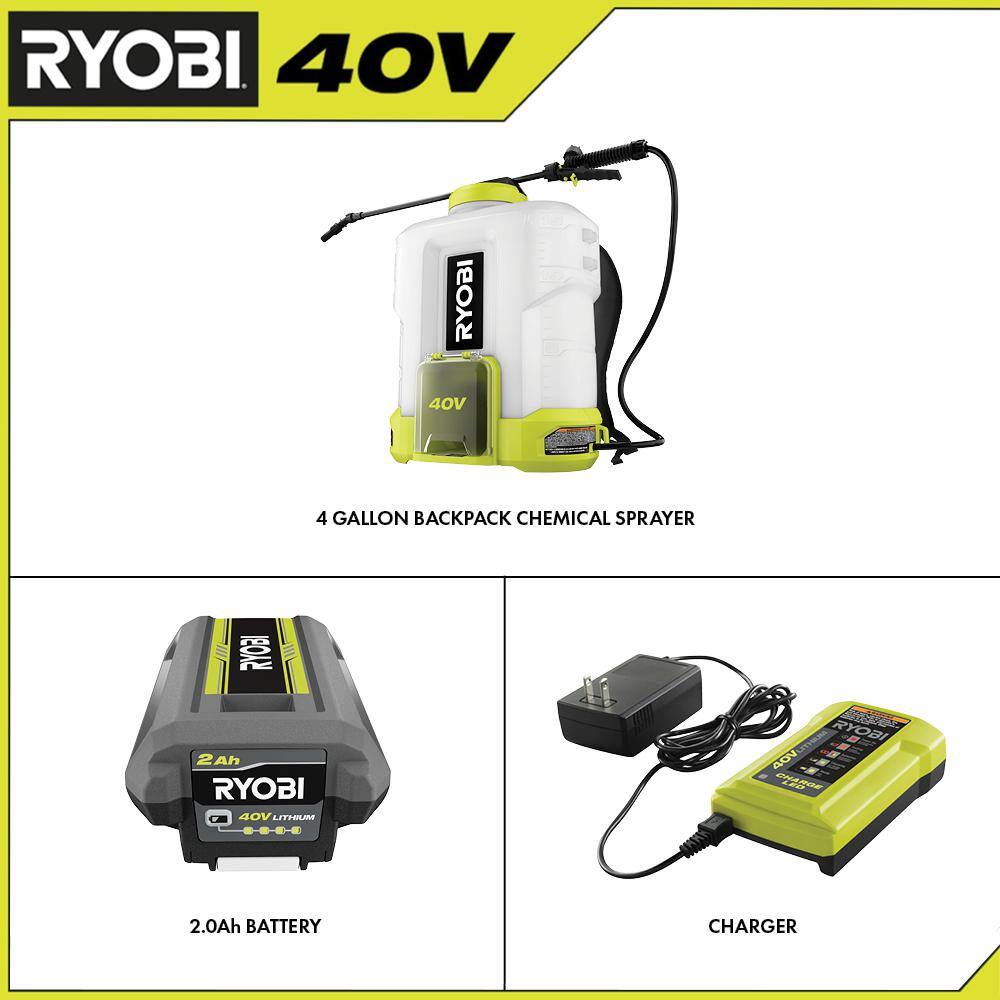 RYOBI 40V Cordless Battery 4 Gal. Backpack Chemical Sprayer with 2.0 Ah Battery and Charger RY40310