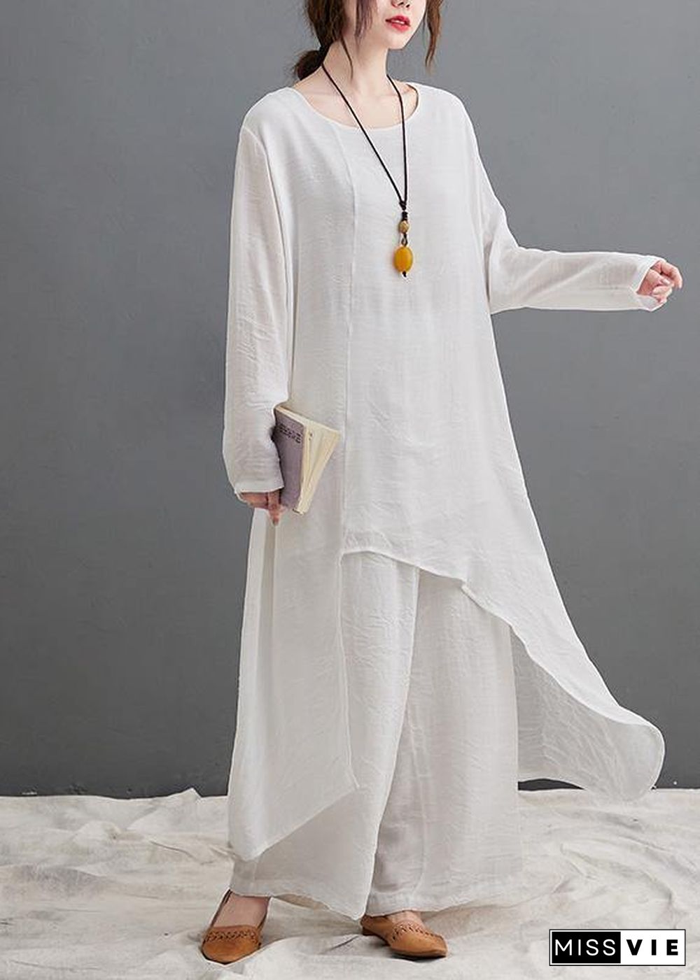 Large Size Loose Art Long White Top Casual Wide Leg Pants Two Piece Suit For Women