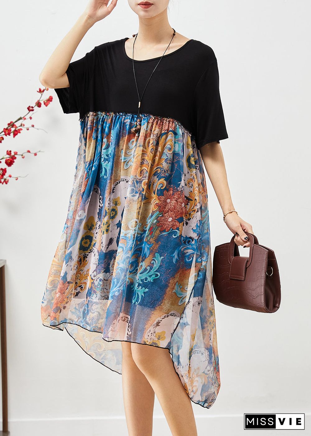 Loose Black O-Neck Patchwork Print Chiffon Beach Dress Summer