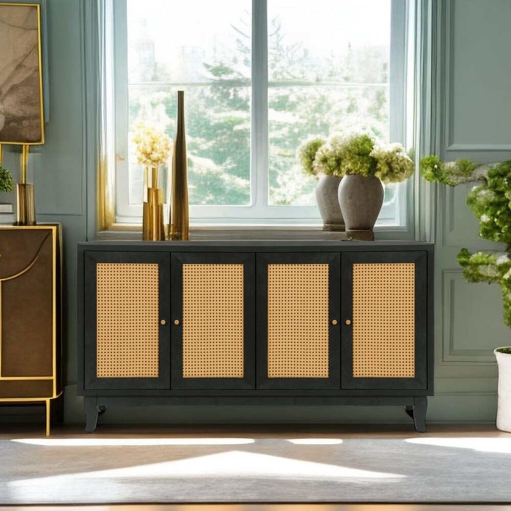 Sideboard Buffer Storage Cabinet With 4 Rattan Doors and Adjustable Shelves