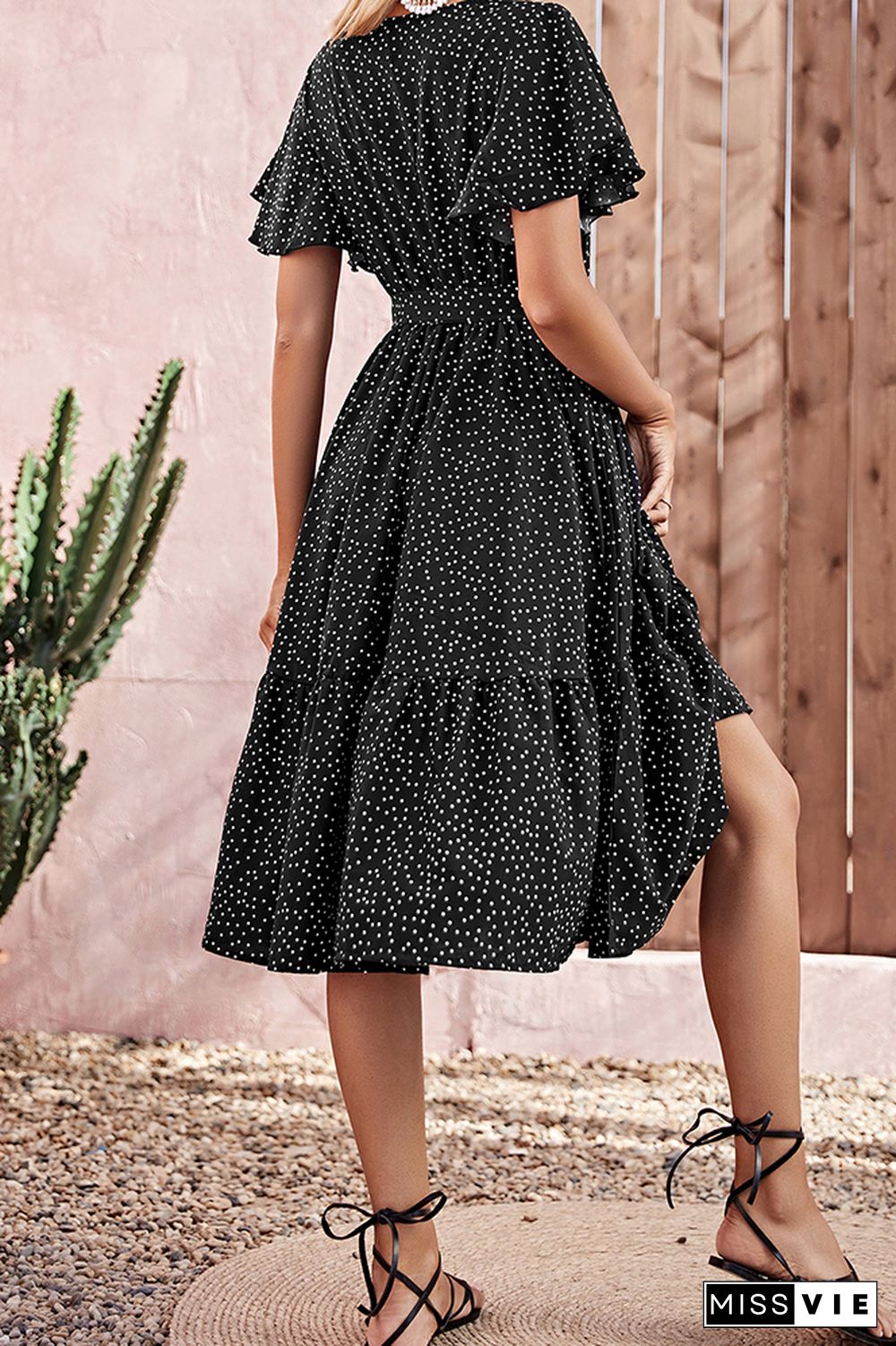 Wrap V Neck Black Spot Print Waistband Flare Midi Dress