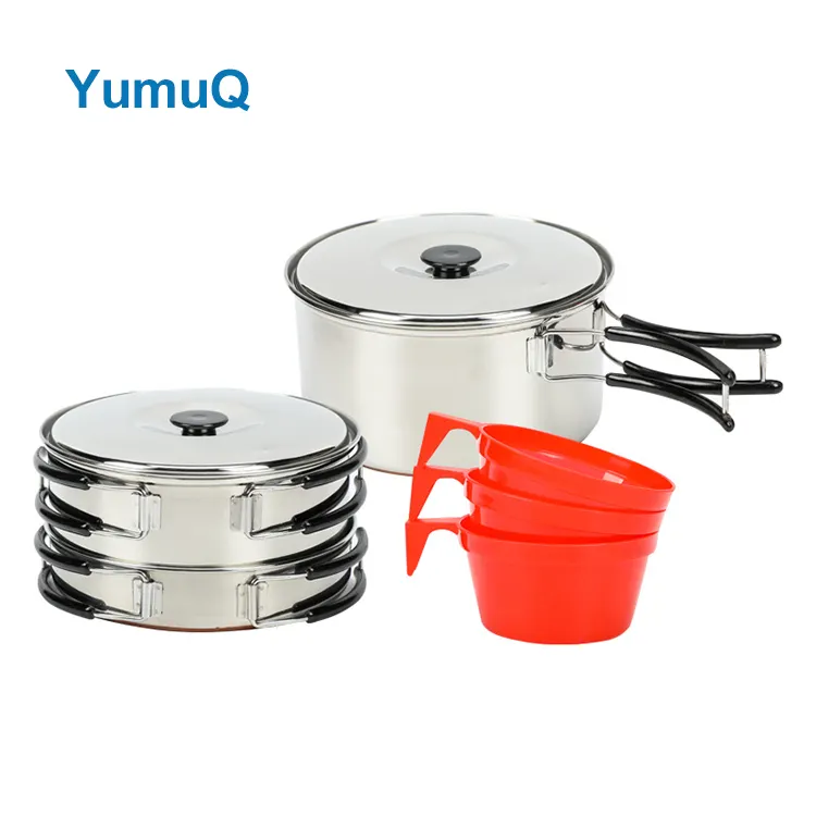 YumuQ 6 Pieces Stainless Steel Camping kitchen Cookware Set With Plastic Cup For Outdoor Hiking Travel Picnic