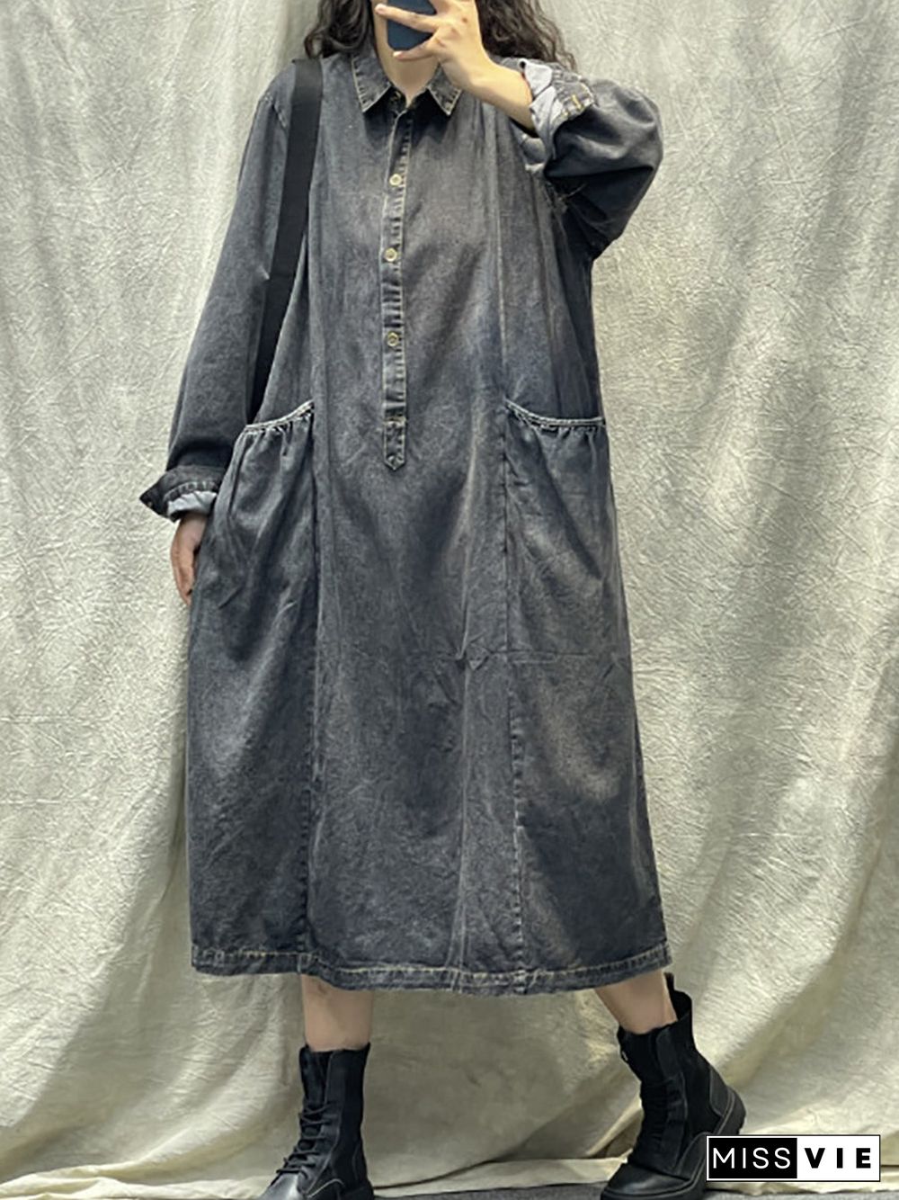 Plus Size Women Spring Retro Pocket Button Loose Denim Dress