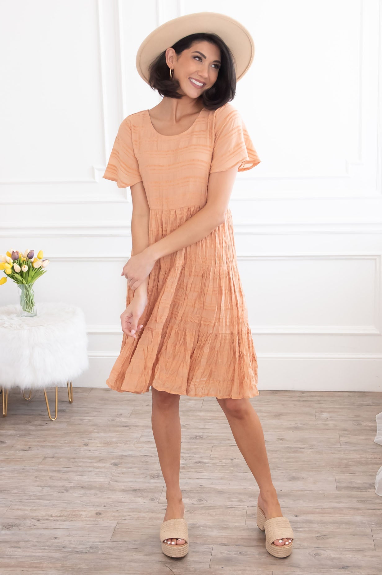 Short Sleeve Midi Dress-Apricot