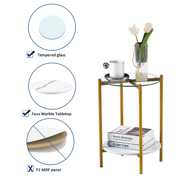 2-layer End Table with Tempered Glass and Marble Tabletop