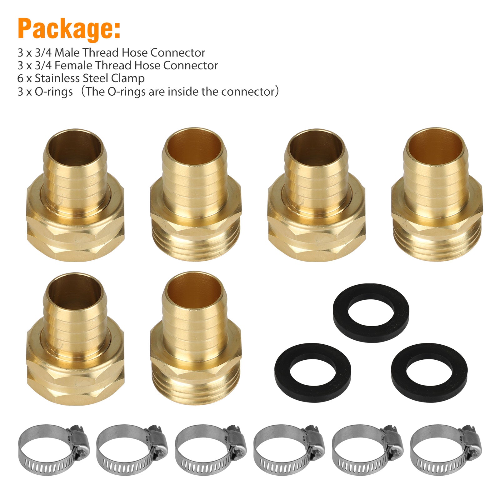 TSV 3 Sets Garden Hose Quick Repair Connector， Solid Brass Hose Repair Kits with Clamps， Fit for 3/4