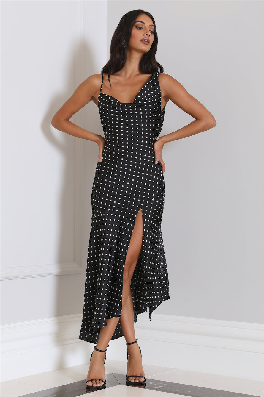 HELLO MOLLY Dotted Moment Satin Polka Dot Midi Dress Black