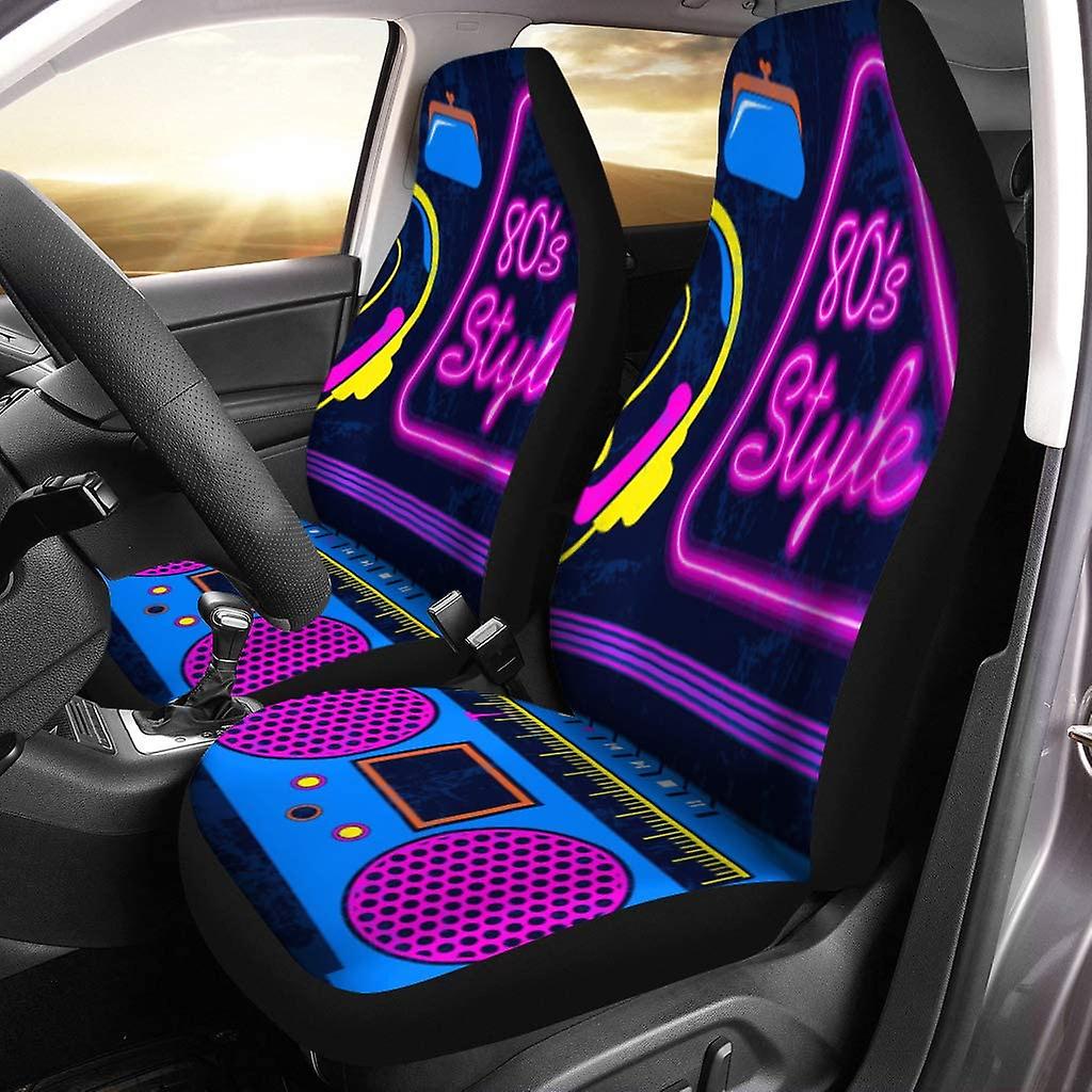 Set Of 2 Car Seat Covers Hand Painted Radio 80's Universal Auto Front Seats Protector Fits For Car，suv Sedan，truck