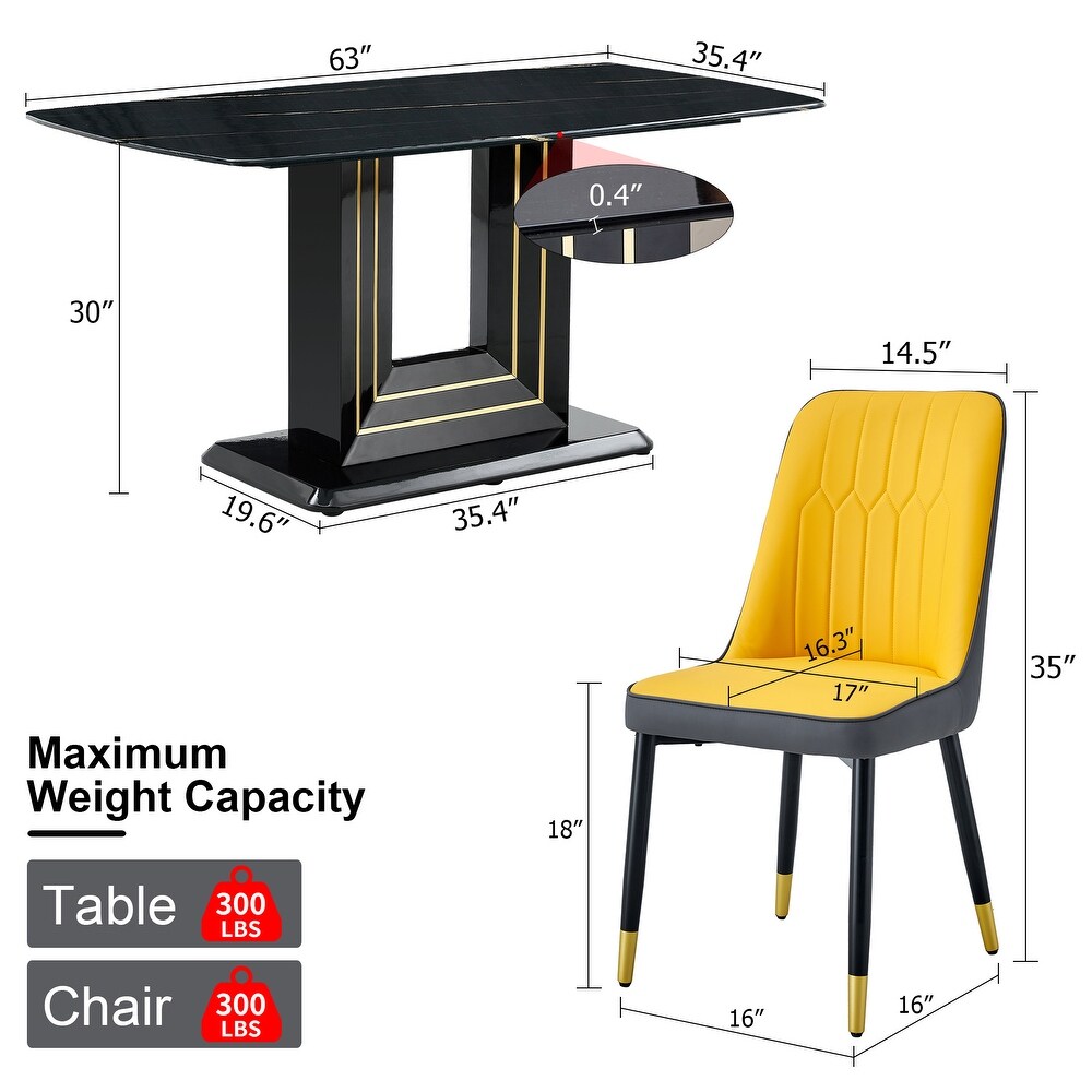 Table and chair set  1 table  6 PU chairs. imitation marble pattern desktop. MDF table legs. Chair with leather backrest