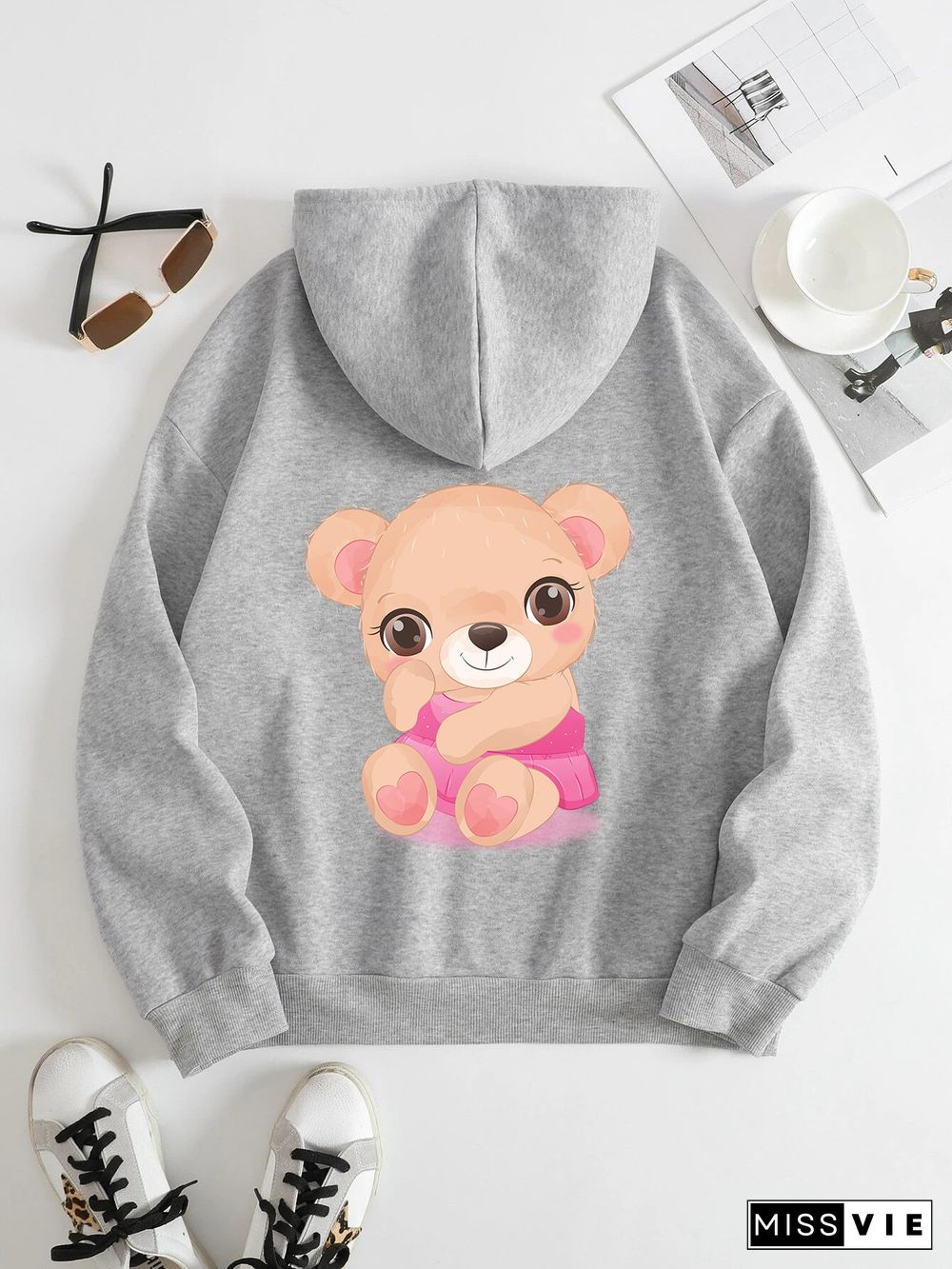 Printed on the Back Kangaroo Pocket Hoodie Long Sleeve for Women Pattern Pink Little Bear