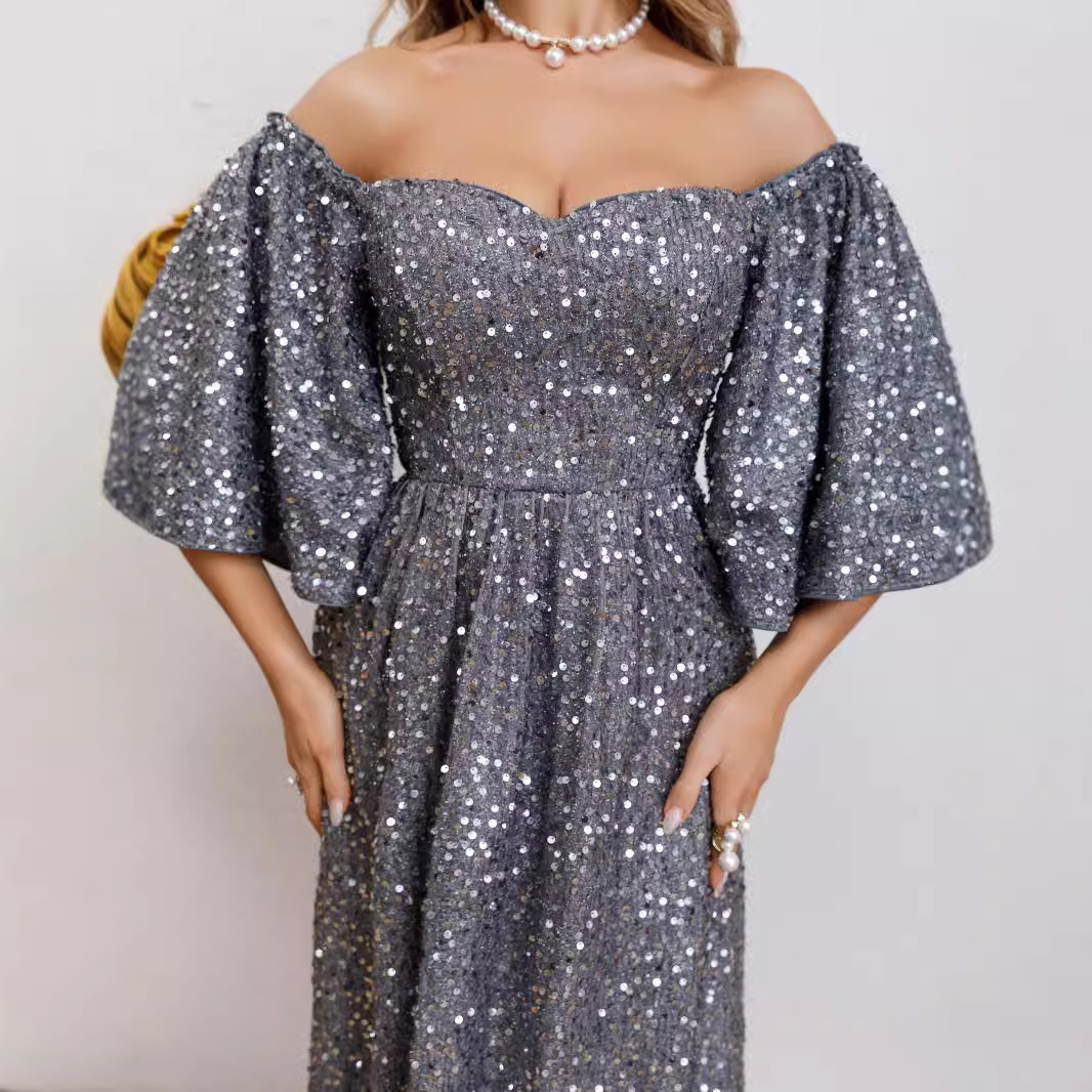 New sequin temperament commuting solid color high waist Lina group host banquet long evening dress