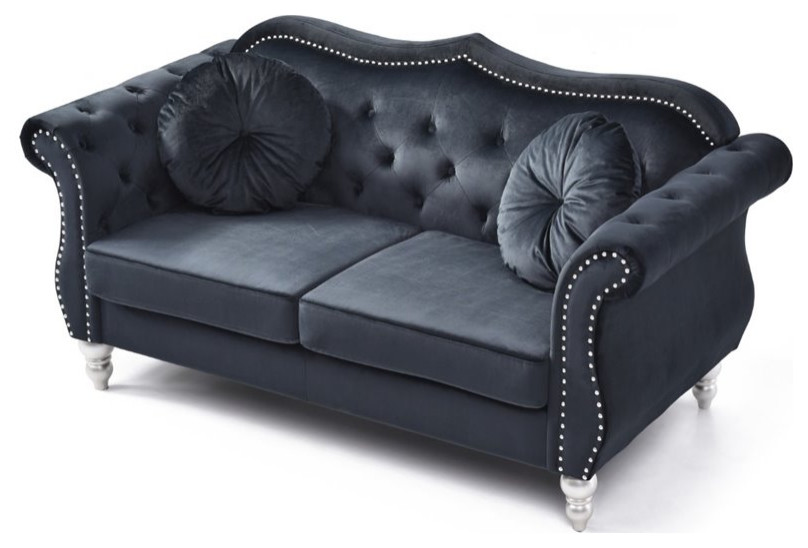 Pemberly Row 17 quotTransitional Tufted Velvet Loveseat in Black   Traditional   Loveseats   by Homesquare  Houzz