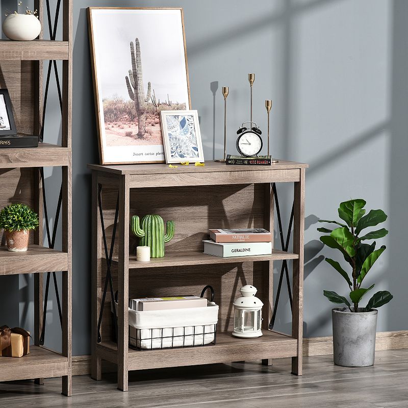 HOMCOM Industrial Style Corner Open Bookshelf with Storage Shelves and Metal X Bar Frame for Living Room Dark Grey