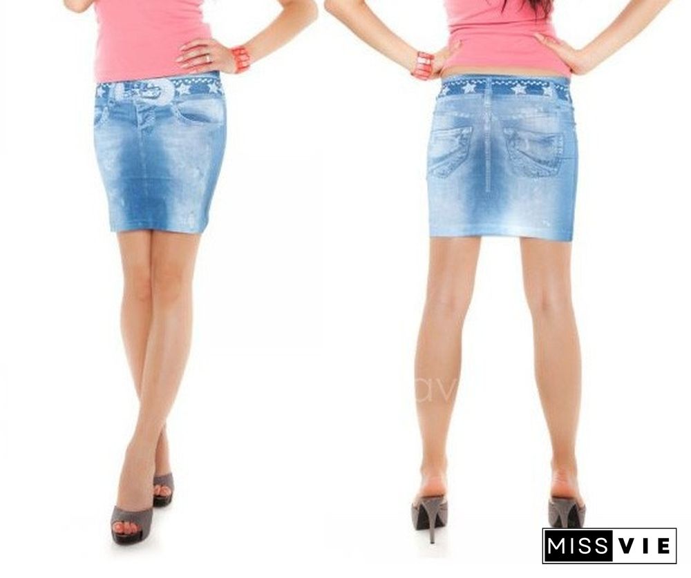 Sexy Ladies Blue Skinny Jeans Elastic Imitation Denim Bag Hip Short Mini Skirt AP