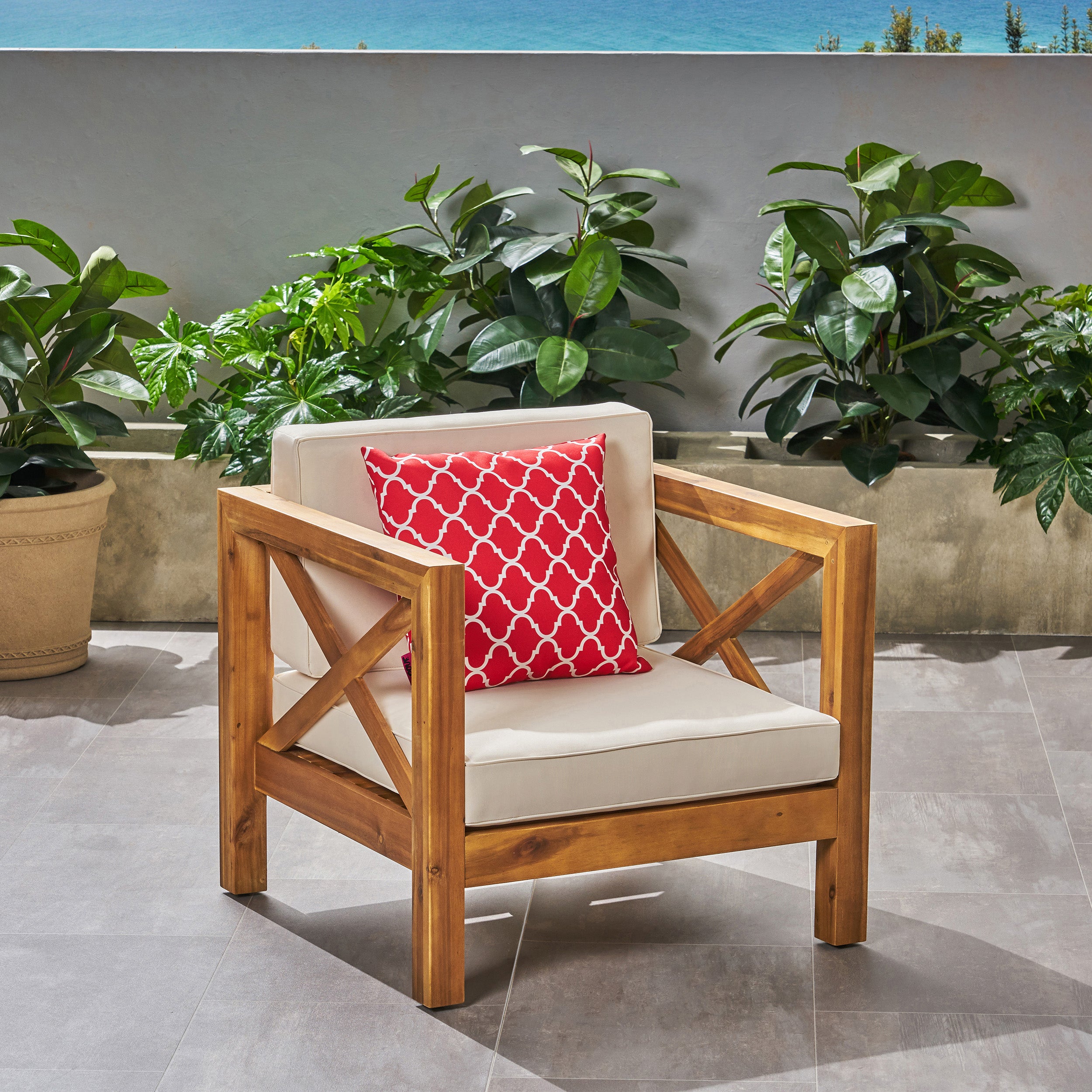 Indira Outdoor Acacia Wood Club Chair with Cushion