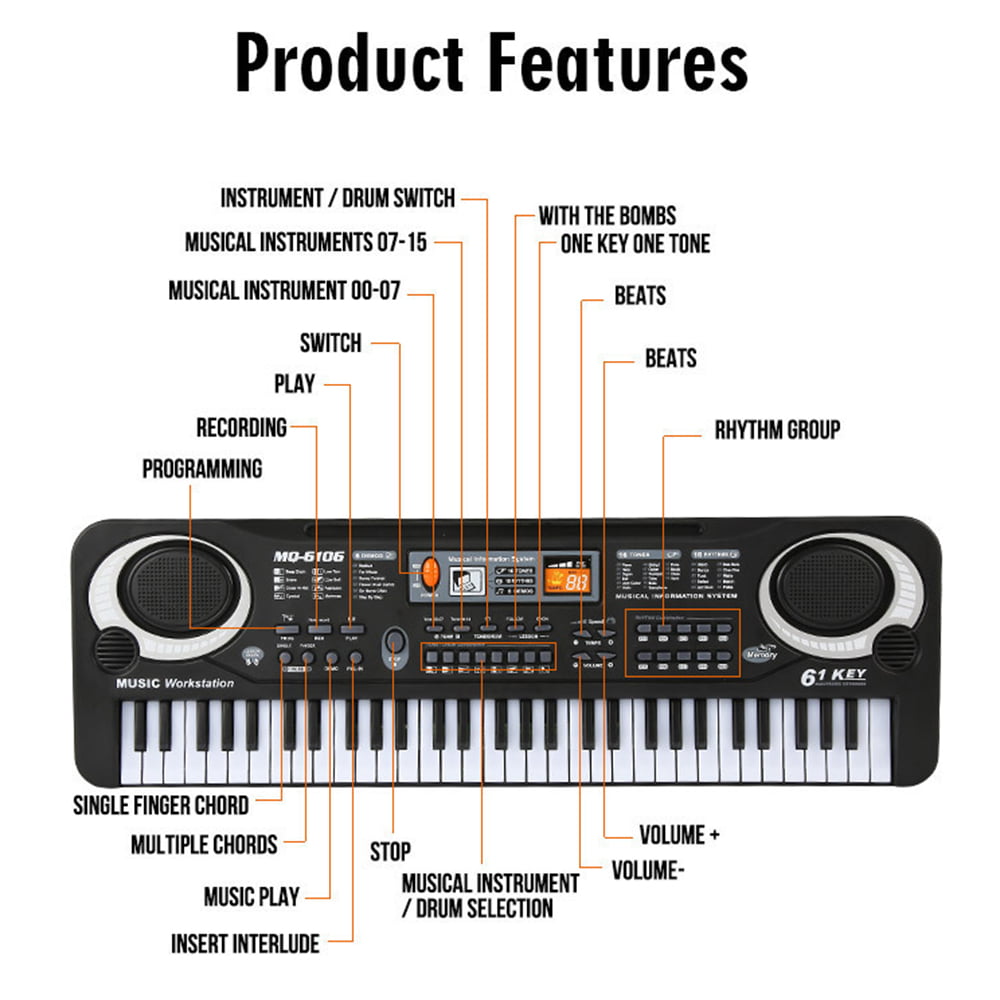 HOTBEST Piano Keyboard for kids 61 key with Microphone ， Musical Interactie Teaching Piano Keyboard Powered or USB with Manual