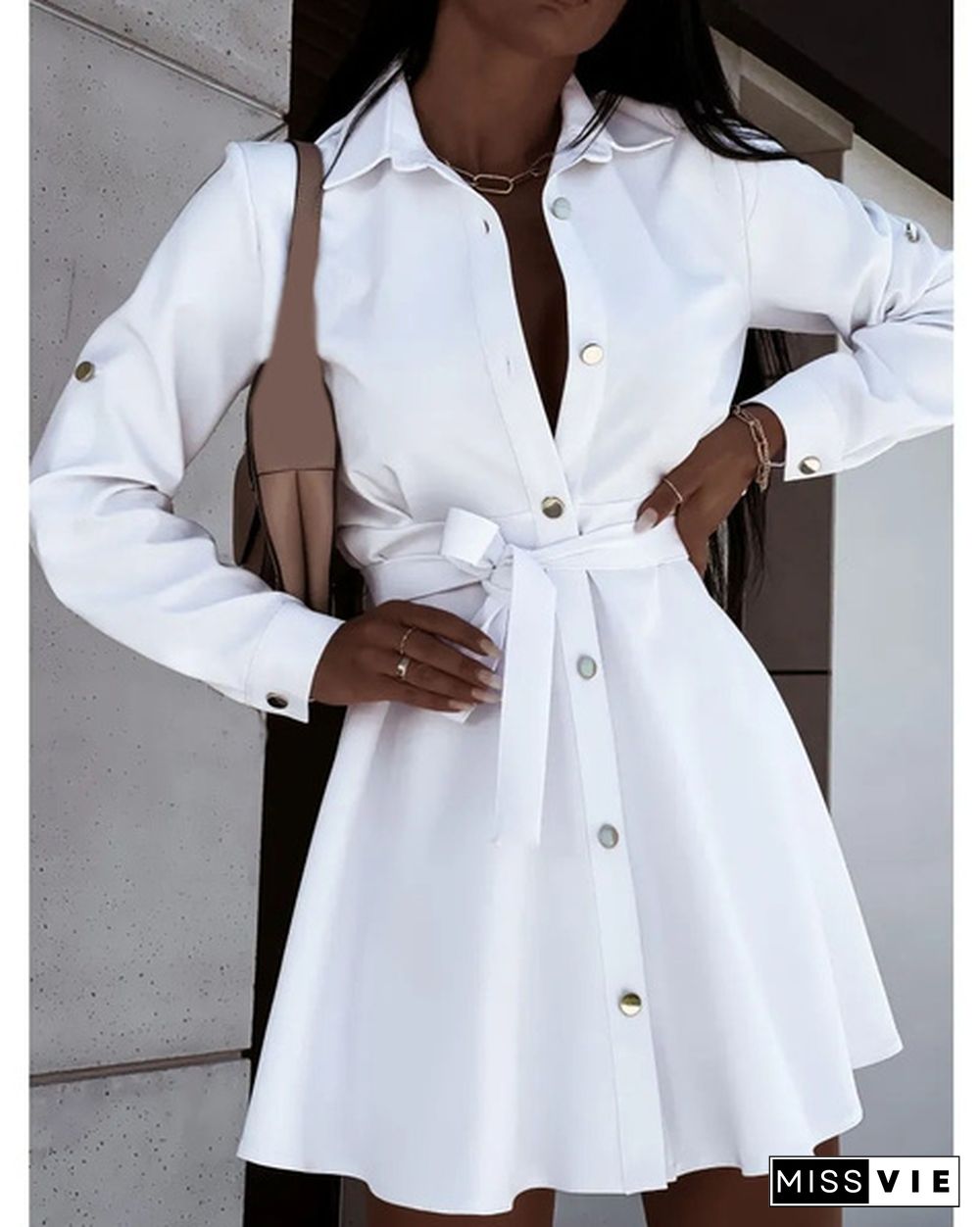 Turn-down Collar Long Sleeves Buttons Shirt Dress Women Fashion Collect Waist A Line Dress Elegant Ladies Dresses