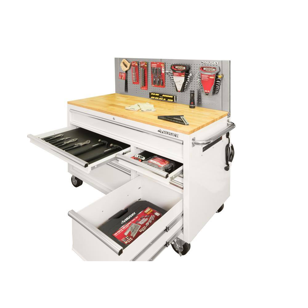 Husky 52 in. W x 24.5 in. D 9-Drawer Standard Duty Mobile Workbench Tool Chest with Solid Work Top and Pegboard in Gloss White HOTC5209BJ2M