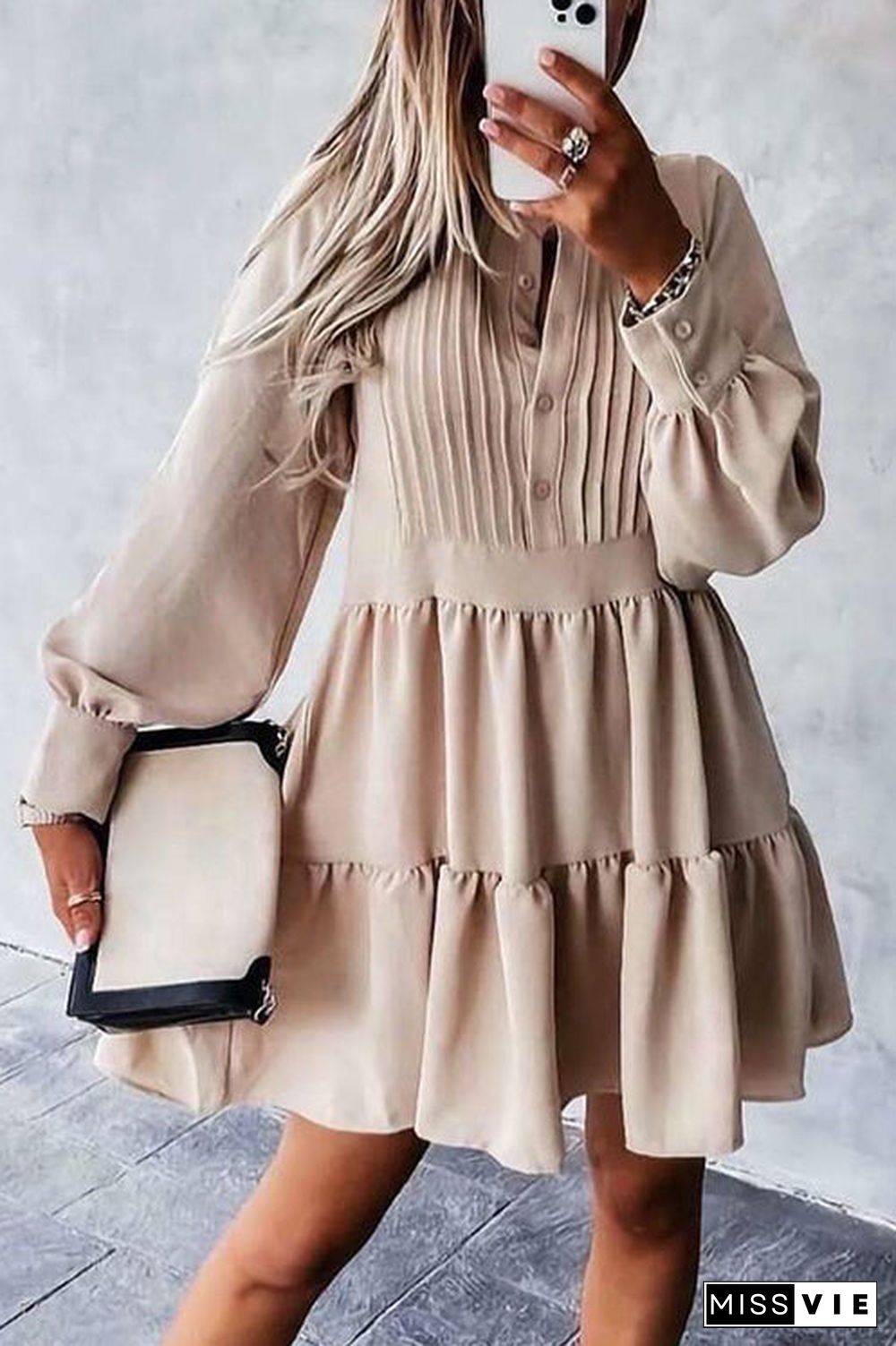 Button Layered Long Sleeve Mini Dress