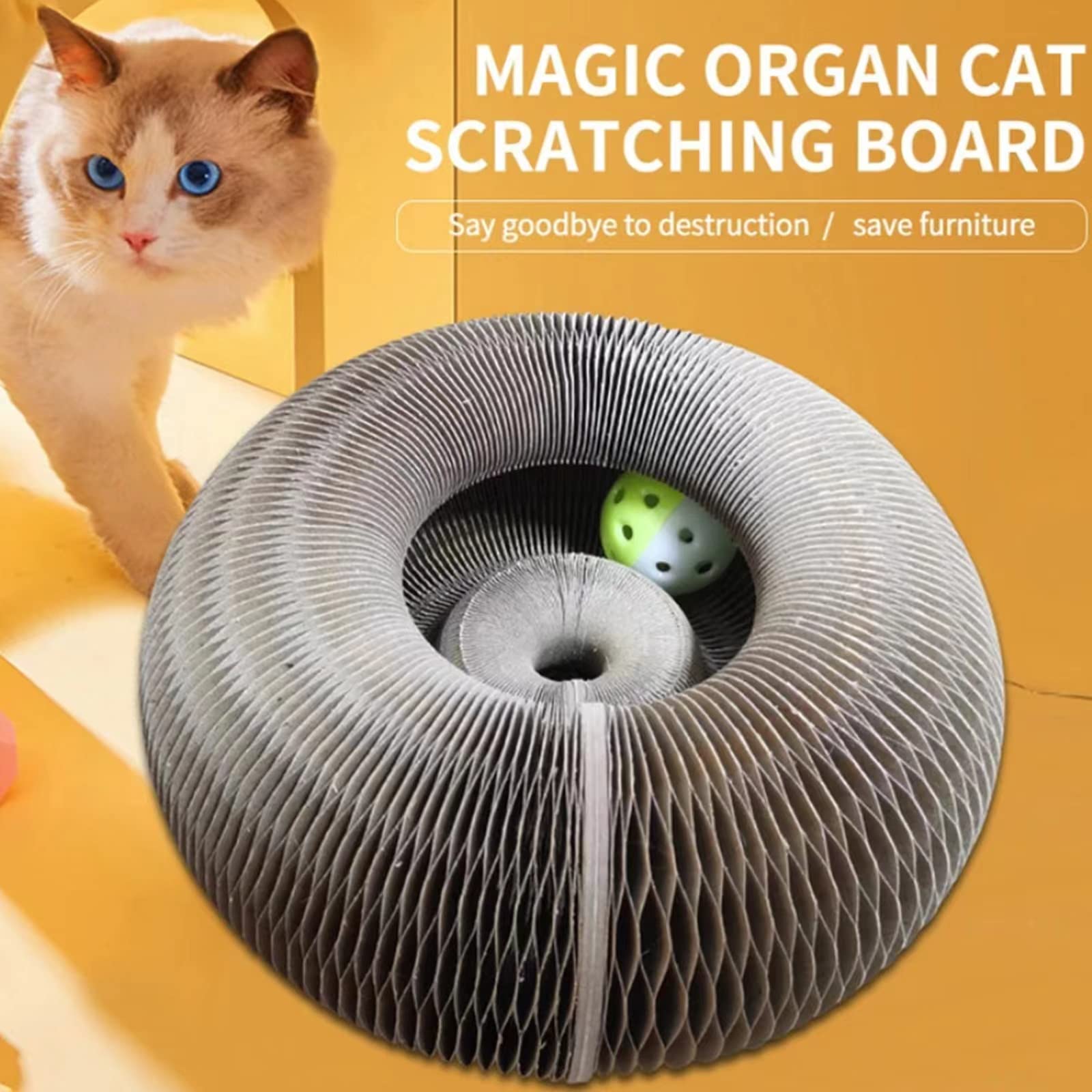 OMZER Magic Organ Cat Scratching Board Foldable Cat Scratcher Lounge Cat Grinding Claw Scratching Board with Interactive Bell Ball Cat Toy