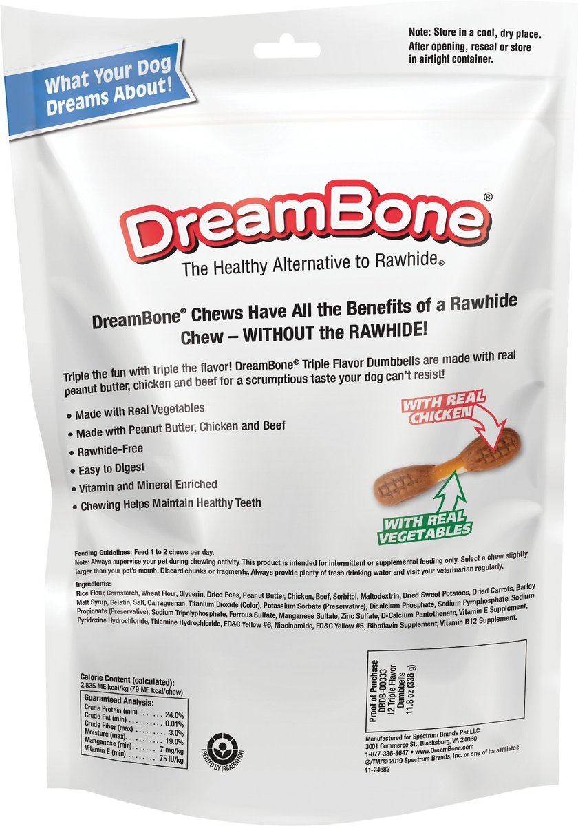 DreamBone Triple Flavor Dumbbells Chicken Flavor Dog Treats， 10 count