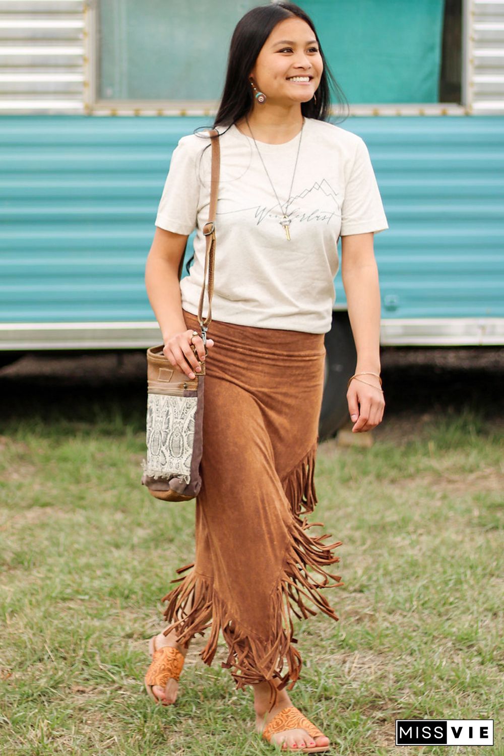 Brown Fringe Asymmetric Wrap Suede Midi Skirt