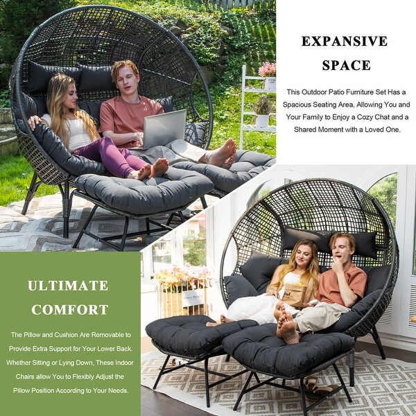 Nicesoul Double Egg Chair 680 lbs Outdoor Patio Wicker Egg Chairs with Ottoman