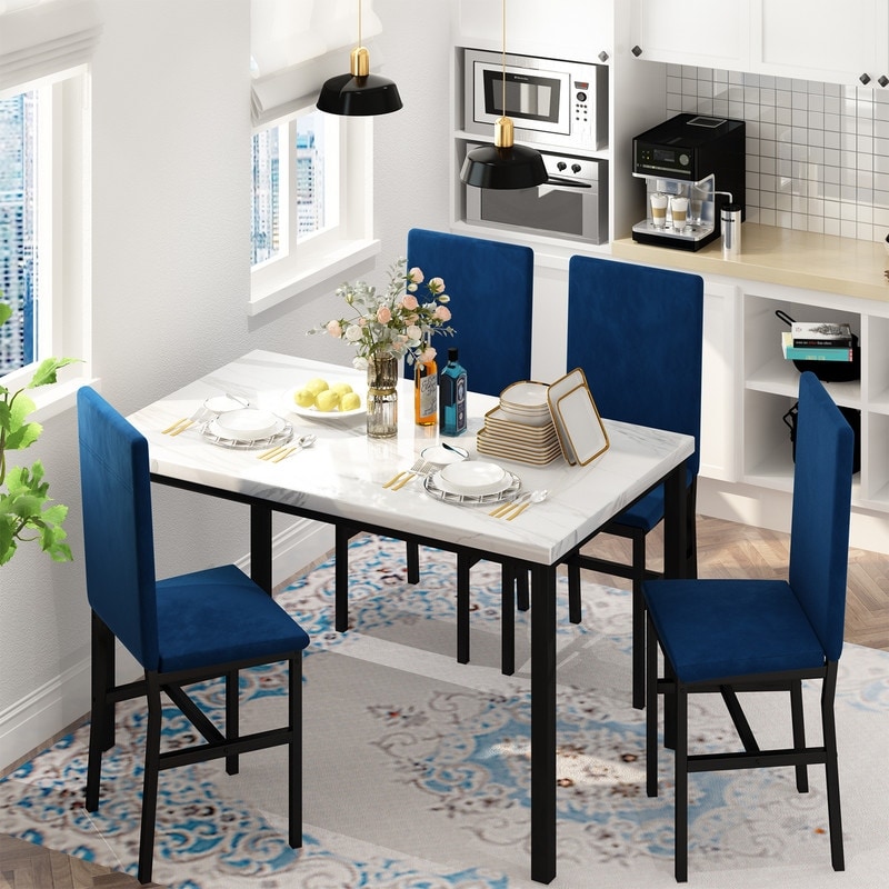 Grondin Modern Style Faux Marble Top 5 Piece Casual Dining Set with 4 Velvet Upholstered Dining Chairs