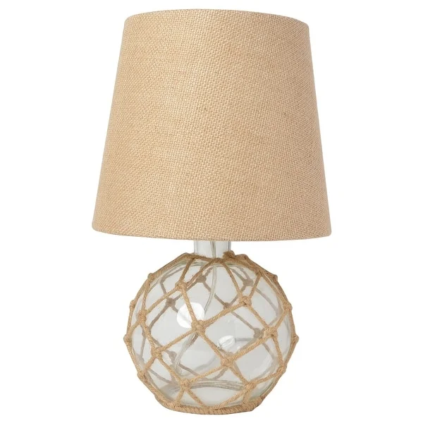 Elegant Designs Buoy Rope Nautical Netted Coastal Ocean Sea Glass Table Lamp with White Fabric Shade， Aqua - 9(L)9(W)14.75(H)