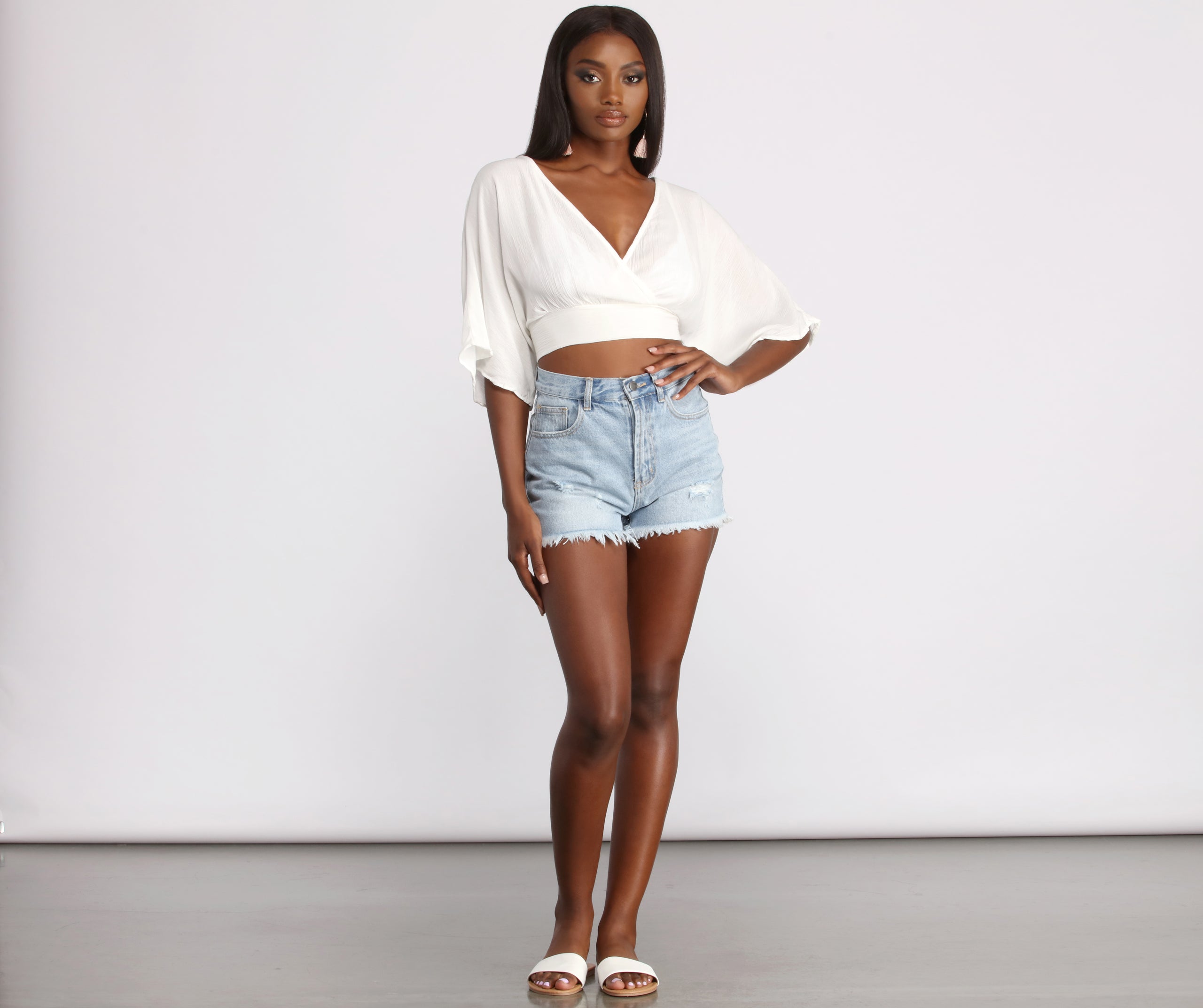 Plunging Surplice Tie Back Gauze Crop Top