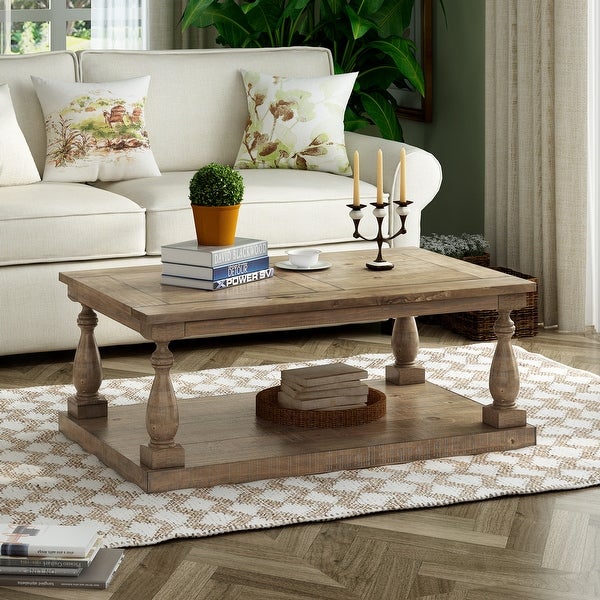 Rustic Solid Pine Wood Floor Shelf Coffee Table with Storage