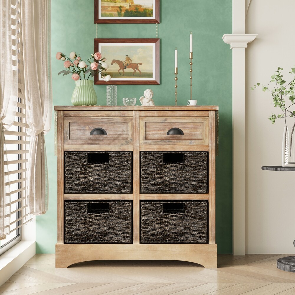 Storage Cabinet with Two Drawers and Four Classic Rattan Basket