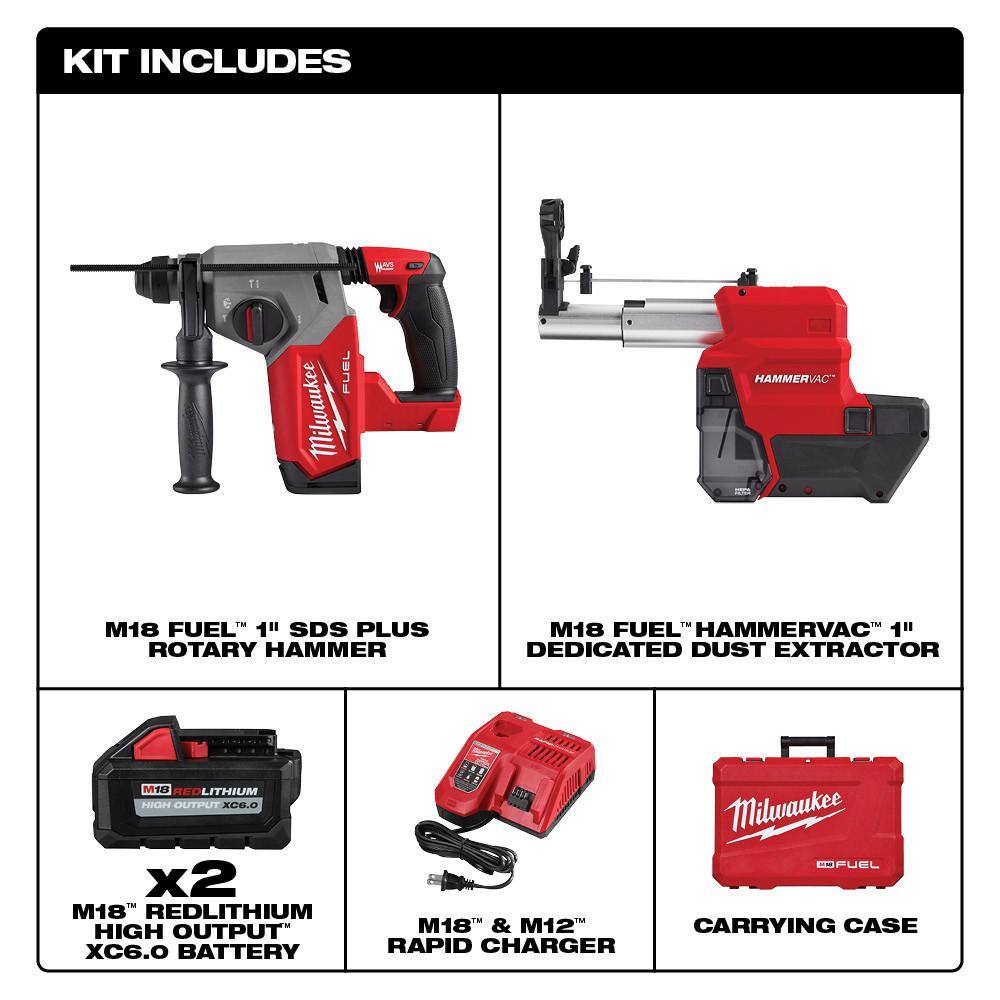 MW M18 FUEL 18V Lithium-Ion Brushless 1 in. Cordless SDS-Plus Rotary HammerDust Extractor Kit Two 6.0 Ah Batteries 2912-22DE