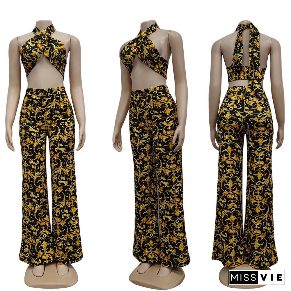 Women Sexy Printed Sleeveless Cross Wrap Halter Crop Tops Losse Wide Leg Pants Summer Two Piece Set