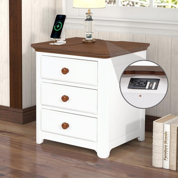 Nightstand with USB Charging Ports and Three Drawers - - 36934055