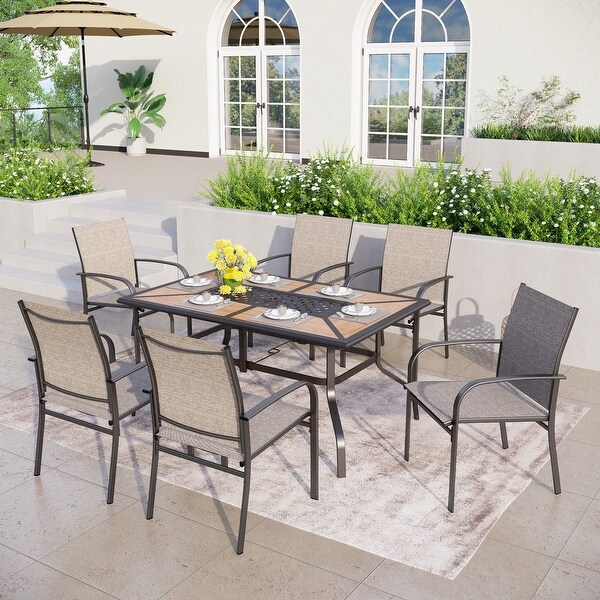 MAISON ARTS Patio Dining Set 7Piece Metal Woodlook Geometric Rectangle Table and 6 Textilene Chairs